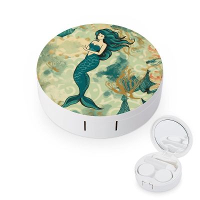 BWQJKUO Portable Round Retro Mermaid Printed Contact Lens Case Is Stylish And Compact, Easy to Carry And Protects Lenses.