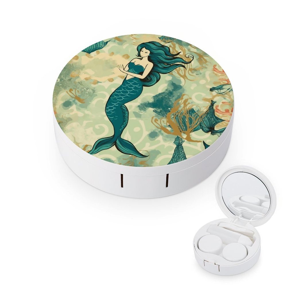 BWQJKUO Portable Round Retro Mermaid Printed Contact Lens Case Is Stylish And Compact, Easy to Carry And Protects Lenses.