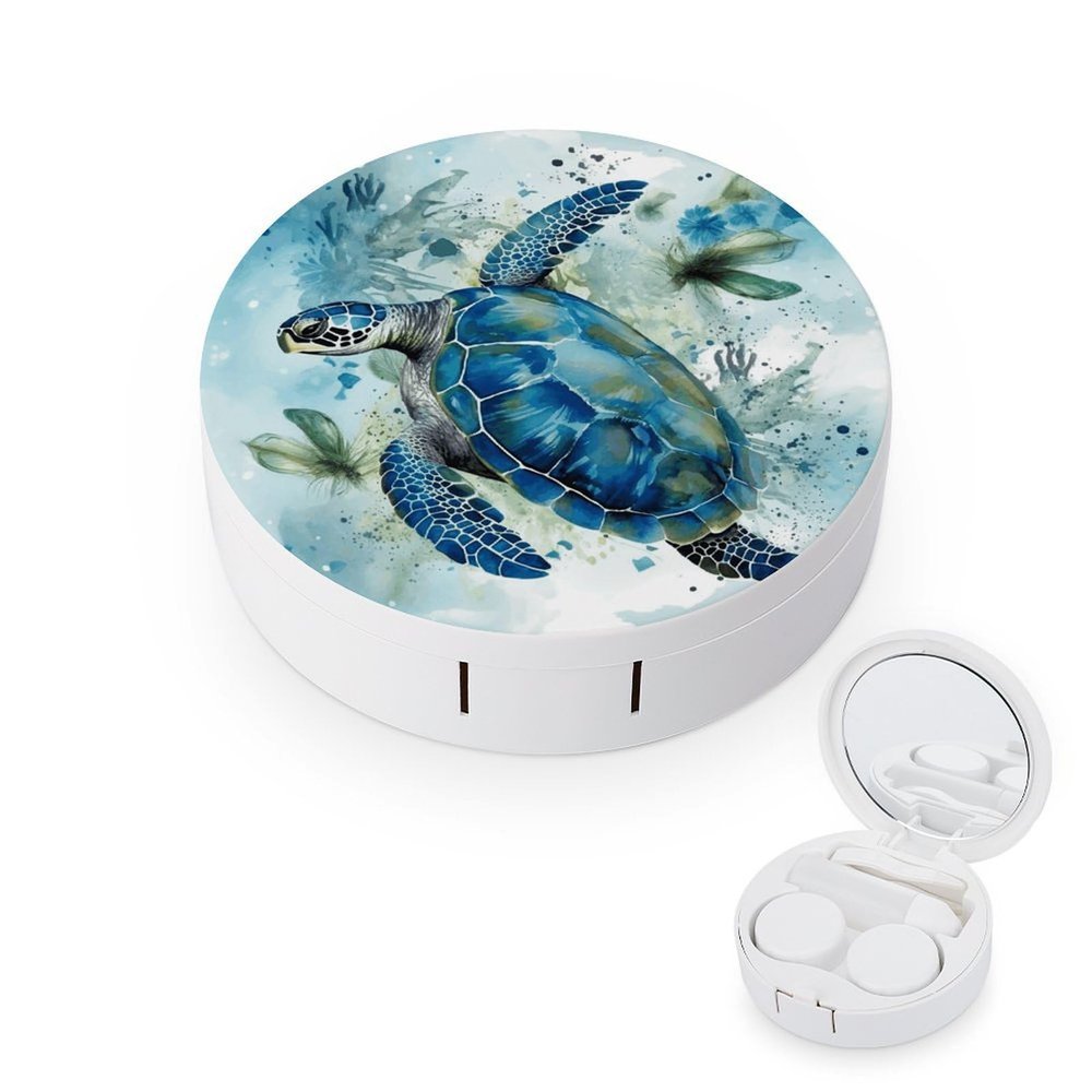 BWQJKUO Portable Round Sea Turtle-Blue Printed Contact Lens Case Is Stylish And Compact, Easy to Carry And Protects Lenses.