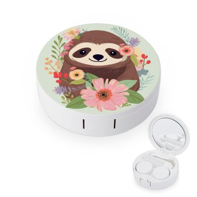 BWQJKUO Portable Round Sloth And Flowers Printed Contact Lens Case Is Stylish And Compact, Easy to Carry And Protects Lenses.