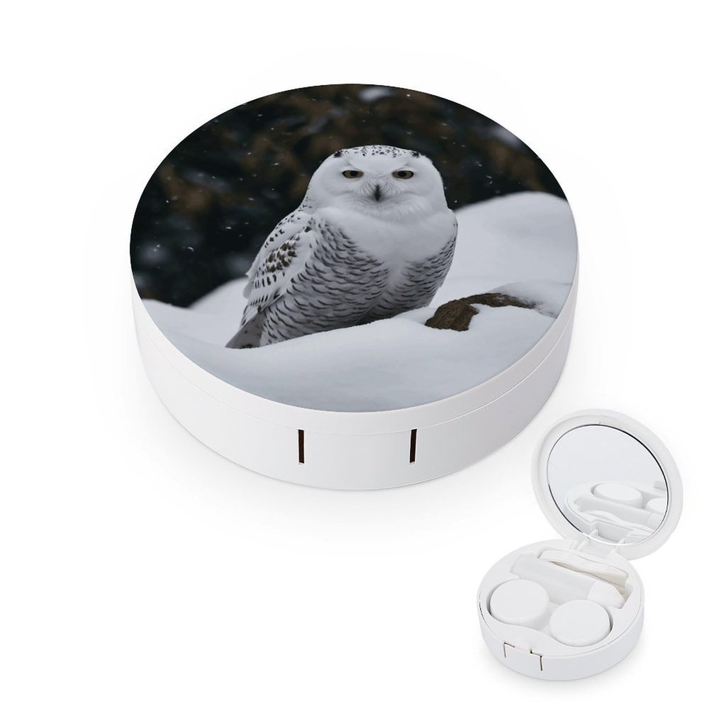 BWQJKUO Portable Round Snow Owl Printed Contact Lens Case Is Stylish And Compact, Easy to Carry And Protects Lenses.