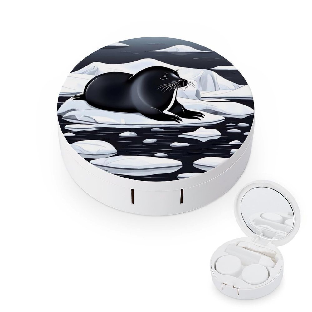 BWQJKUO Portable Round Seals on Ice Printed Contact Lens Case Is Stylish And Compact, Easy to Carry And Protects Lenses.
