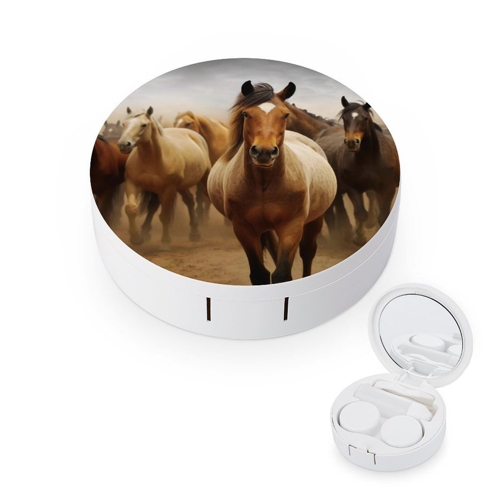 BWQJKUO Portable Round Many Horses Printed Contact Lens Case Is Stylish And Compact, Easy to Carry And Protects Lenses.