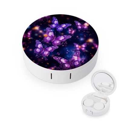 BWQJKUO Portable Round Purple Cute Butterfly Print Printed Contact Lens Case Is Stylish And Compact, Easy to Carry And Protects Lenses.