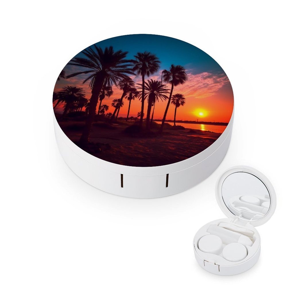 BWQJKUO Portable Round Palm Tree Sunset Printed Contact Lens Case Is Stylish And Compact, Easy to Carry And Protects Lenses.