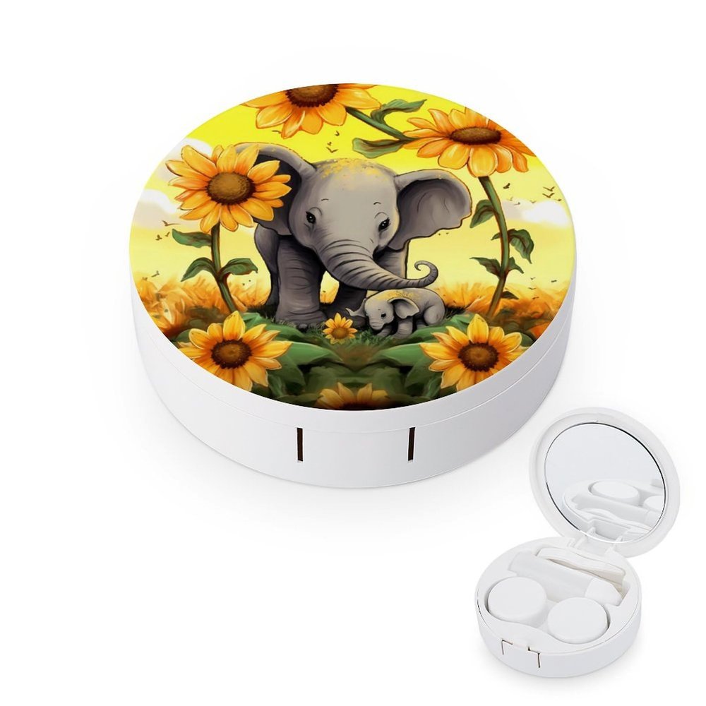 BWQJKUO Portable Round Elephant Sunflowers Printed Contact Lens Case Is Stylish And Compact, Easy to Carry And Protects Lenses.