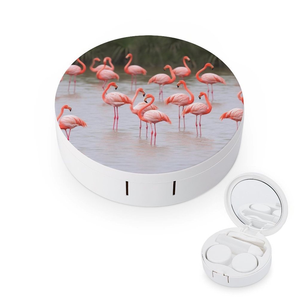 BWQJKUO Portable Round Pink Flamingos Printed Contact Lens Case Is Stylish And Compact, Easy to Carry And Protects Lenses.