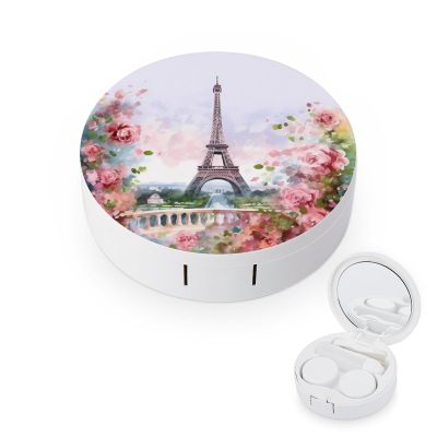 BWQJKUO Portable Round Paris Eiffel Tower with Flowers Printed Contact Lens Case Is Stylish And Compact, Easy to Carry And Protects Lenses.