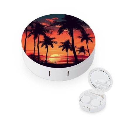 BWQJKUO Portable Round Palm Tree Summer Sunset Printed Contact Lens Case Is Stylish And Compact, Easy to Carry And Protects Lenses.