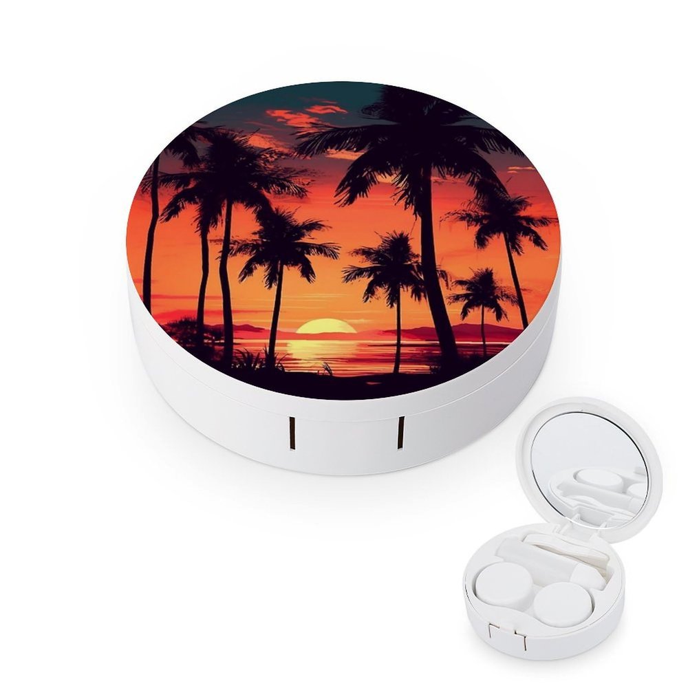 BWQJKUO Portable Round Palm Tree Summer Sunset Printed Contact Lens Case Is Stylish And Compact, Easy to Carry And Protects Lenses.