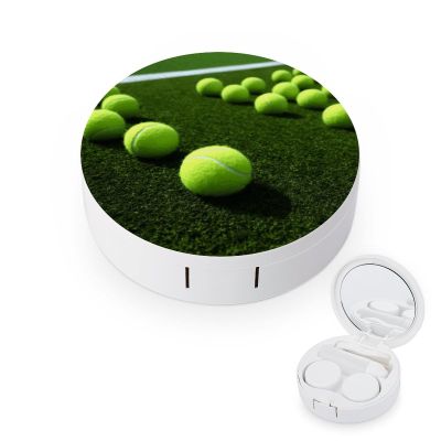 BWQJKUO Portable Round Tennis Balls on Tennis Grass Court Printed Contact Lens Case Is Stylish And Compact, Easy to Carry And Protects Lenses.