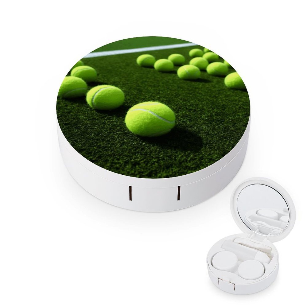 BWQJKUO Portable Round Tennis Balls on Tennis Grass Court Printed Contact Lens Case Is Stylish And Compact, Easy to Carry And Protects Lenses.