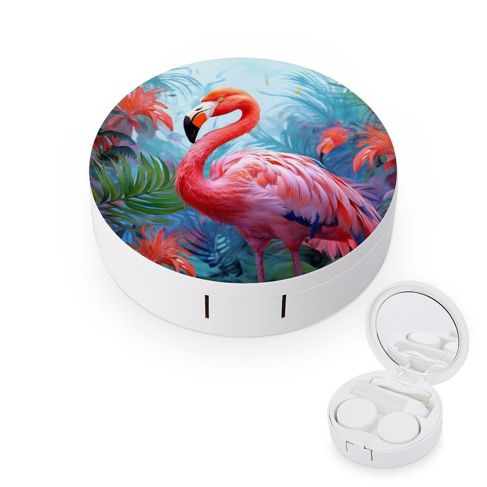 BWQJKUO Portable Round Painted Flamingo Printed Contact Lens Case Is Stylish And Compact, Easy to Carry And Protects Lenses.