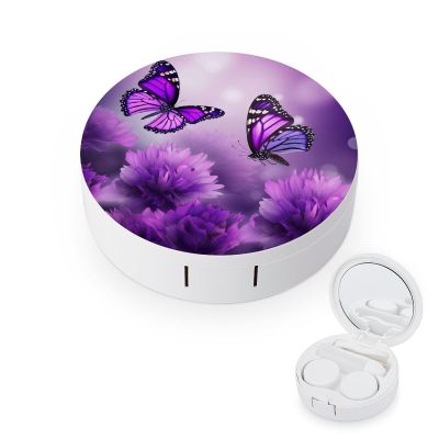 BWQJKUO Portable Round Purple Flower Butterflies Printed Contact Lens Case Is Stylish And Compact, Easy to Carry And Protects Lenses.