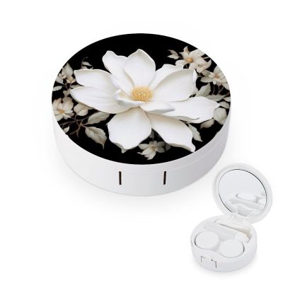 BWQJKUO Portable Round White Floral Printed Contact Lens Case Is Stylish And Compact, Easy to Carry And Protects Lenses.