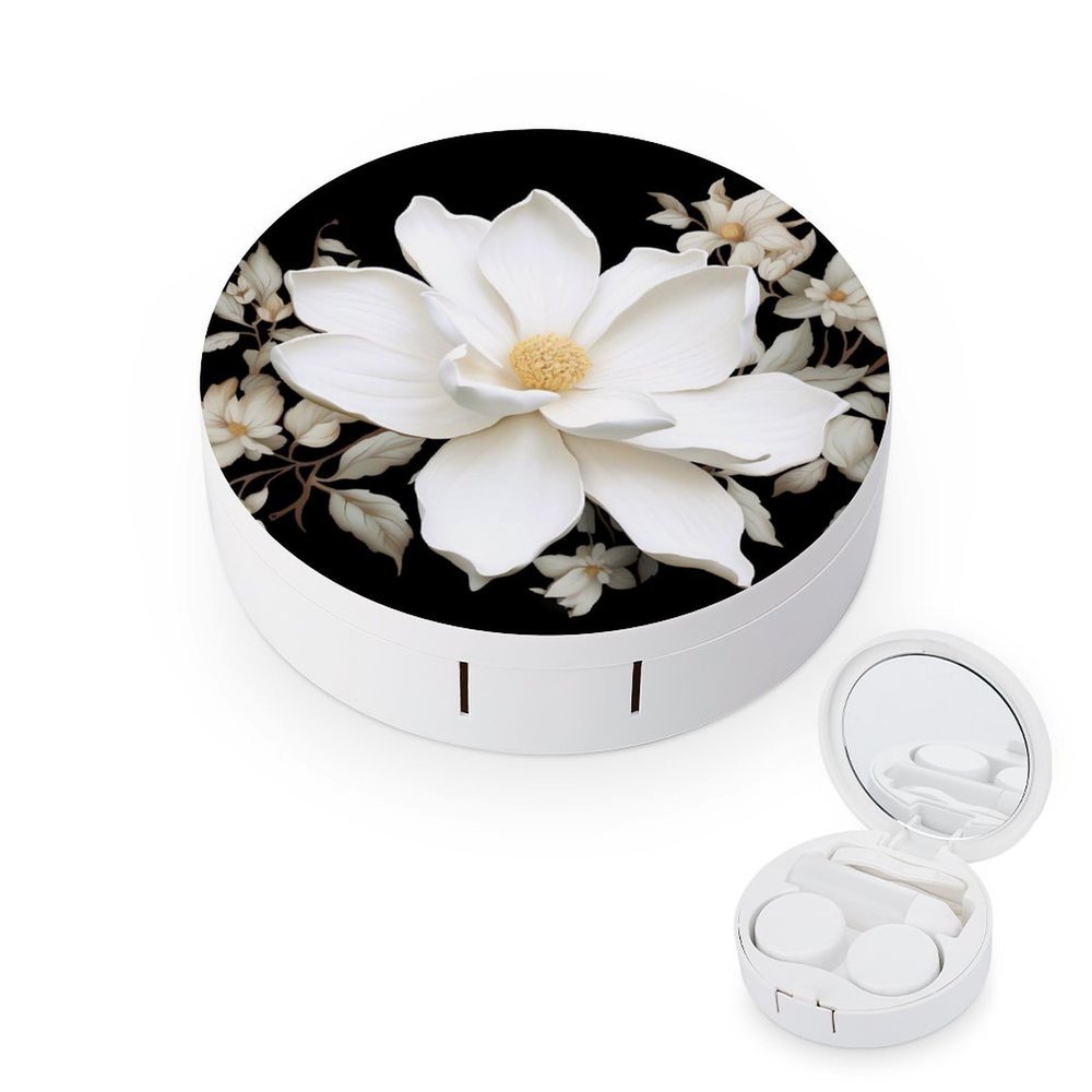 BWQJKUO Portable Round White Floral Printed Contact Lens Case Is Stylish And Compact, Easy to Carry And Protects Lenses.
