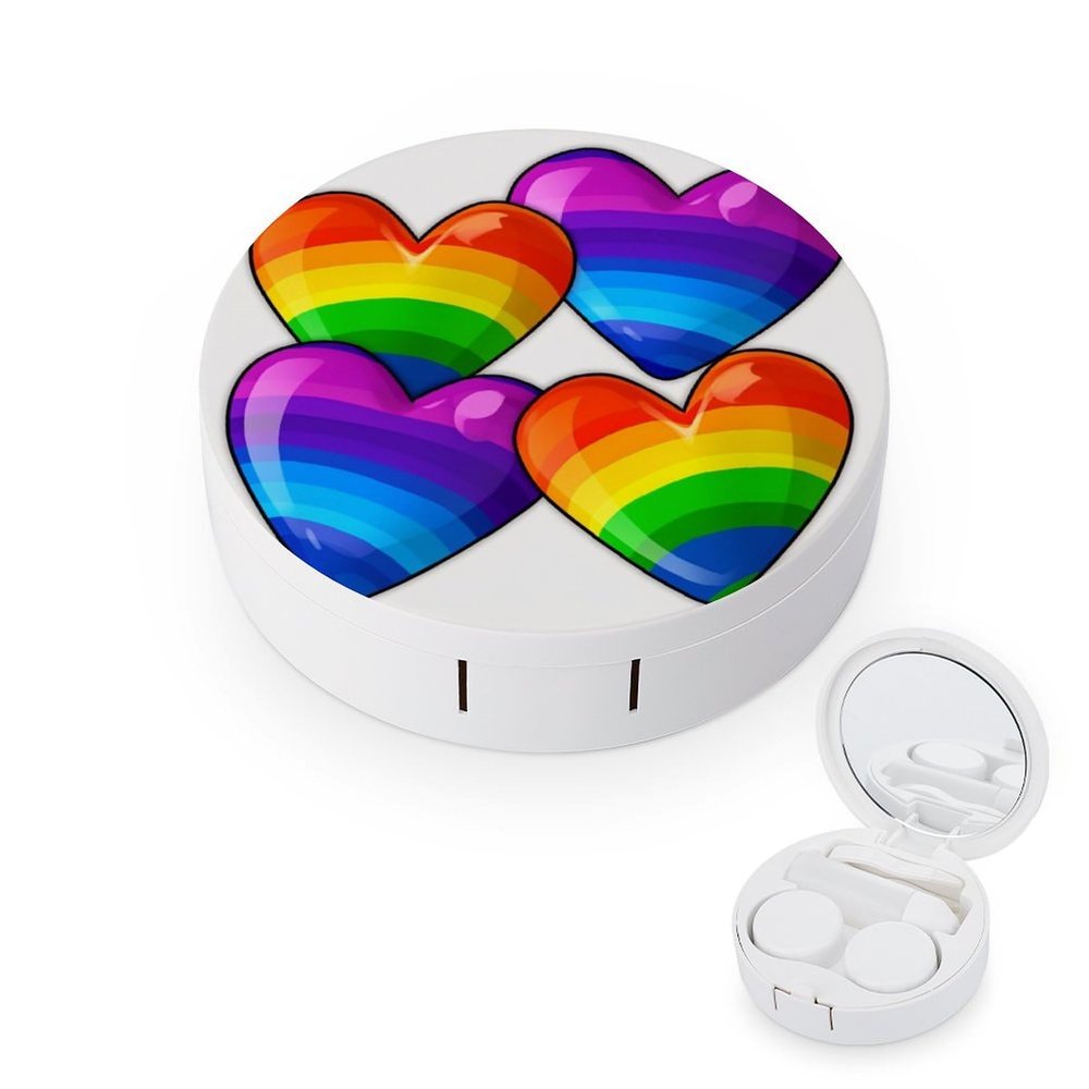 BWQJKUO Portable Round Rainbow Colored Gay Pride Hearts Printed Contact Lens Case Is Stylish And Compact, Easy to Carry And Protects Lenses.