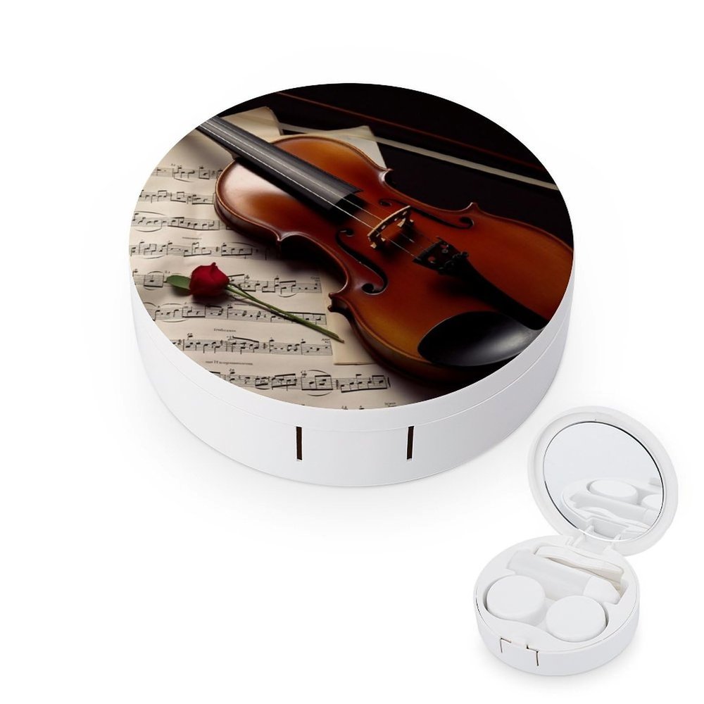 BWQJKUO Portable Round Violin Sheet Music Printed Contact Lens Case Is Stylish And Compact, Easy to Carry And Protects Lenses.