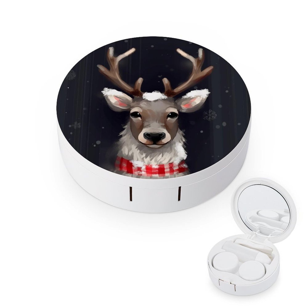 BWQJKUO Portable Round Reindeer Printed Contact Lens Case Is Stylish And Compact, Easy to Carry And Protects Lenses.