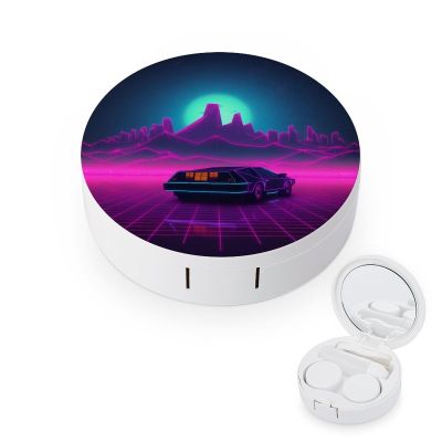BWQJKUO Portable Round Retrowave Pictures Printed Contact Lens Case Is Stylish And Compact, Easy to Carry And Protects Lenses.