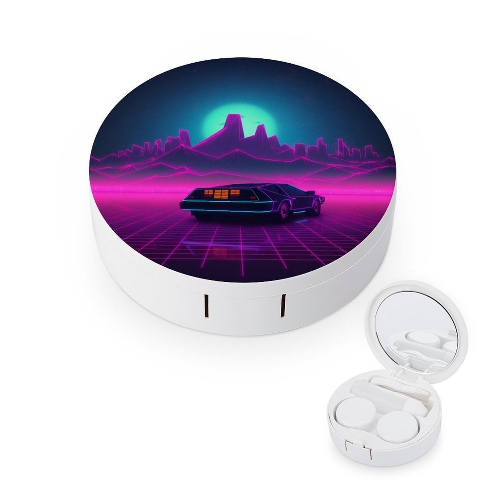 BWQJKUO Portable Round Retrowave Pictures Printed Contact Lens Case Is Stylish And Compact, Easy to Carry And Protects Lenses.