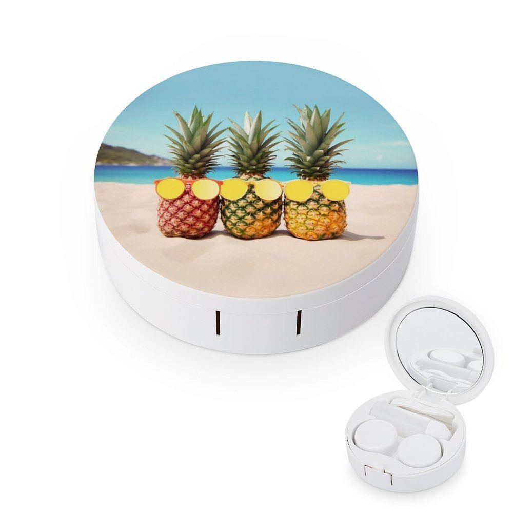 BWQJKUO Portable Round Seaside Beach Yellow Geometric Pineapple Printed Contact Lens Case Is Stylish And Compact, Easy to Carry And Protects Lenses.