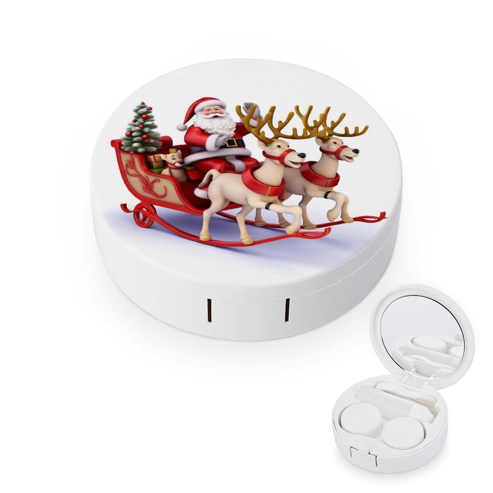 BWQJKUO Portable Round Santa Claus Reindeer Sled Printed Contact Lens Case Is Stylish And Compact, Easy to Carry And Protects Lenses.