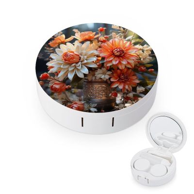 BWQJKUO Portable Round Orange Flowers Printed Contact Lens Case Is Stylish And Compact, Easy to Carry And Protects Lenses.