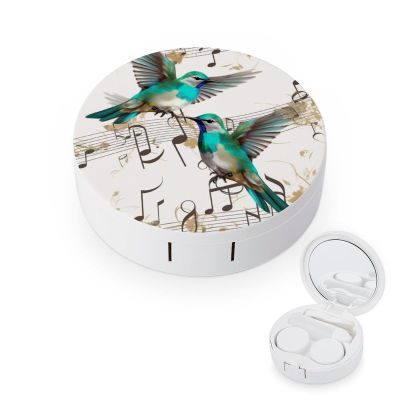 BWQJKUO Portable Round Teal Birds Musical Note Printed Contact Lens Case Is Stylish And Compact, Easy to Carry And Protects Lenses.