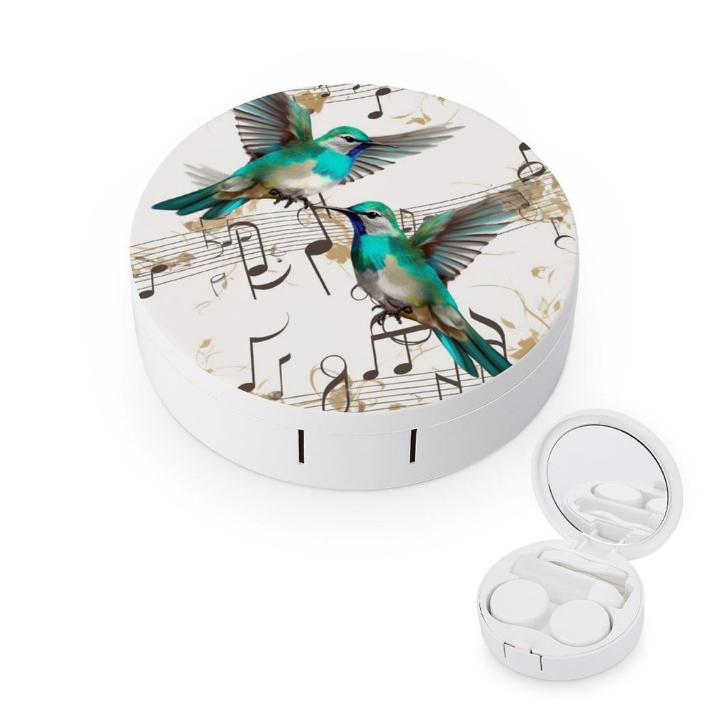 BWQJKUO Portable Round Teal Birds Musical Note Printed Contact Lens Case Is Stylish And Compact, Easy to Carry And Protects Lenses.