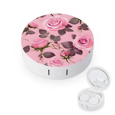 BWQJKUO Portable Round Pretty Pink Roses Printed Contact Lens Case Is Stylish And Compact, Easy to Carry And Protects Lenses.