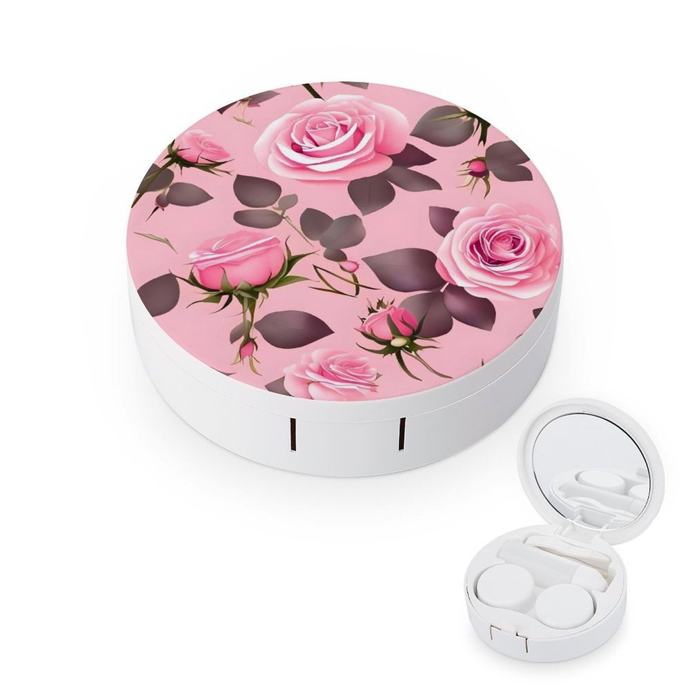 BWQJKUO Portable Round Pretty Pink Roses Printed Contact Lens Case Is Stylish And Compact, Easy to Carry And Protects Lenses.