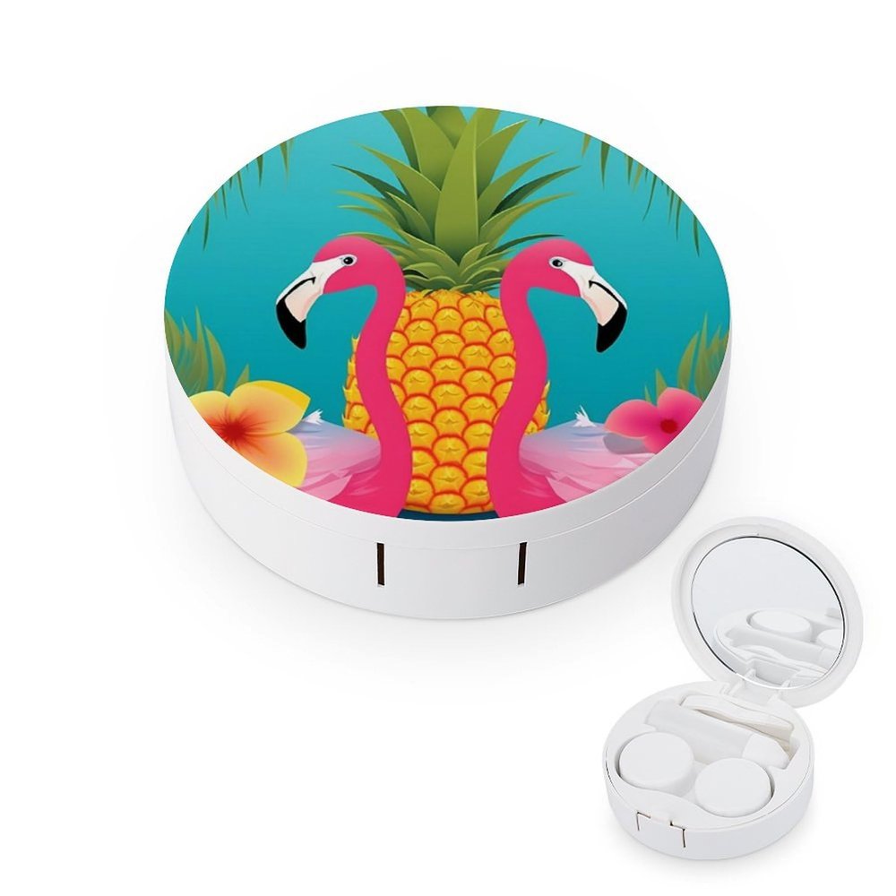 BWQJKUO Portable Round Pineapple Flamingo Printed Contact Lens Case Is Stylish And Compact, Easy to Carry And Protects Lenses.