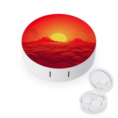 BWQJKUO Portable Round Red Sunrise Printed Contact Lens Case Is Stylish And Compact, Easy to Carry And Protects Lenses.