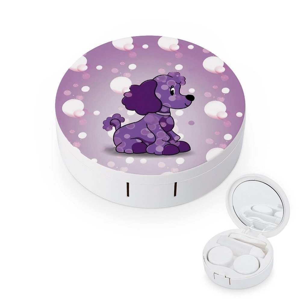 BWQJKUO Portable Round Purple Poodle Polka Dot Printed Contact Lens Case Is Stylish And Compact, Easy to Carry And Protects Lenses.
