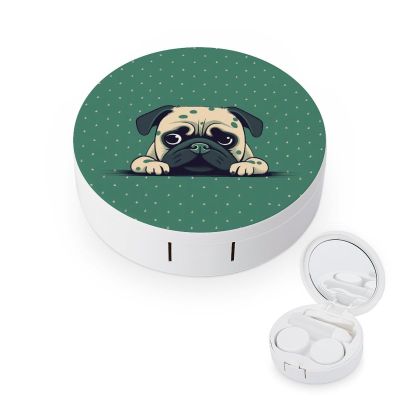 BWQJKUO Portable Round Pug Green Polka Dot Printed Contact Lens Case Is Stylish And Compact, Easy to Carry And Protects Lenses.
