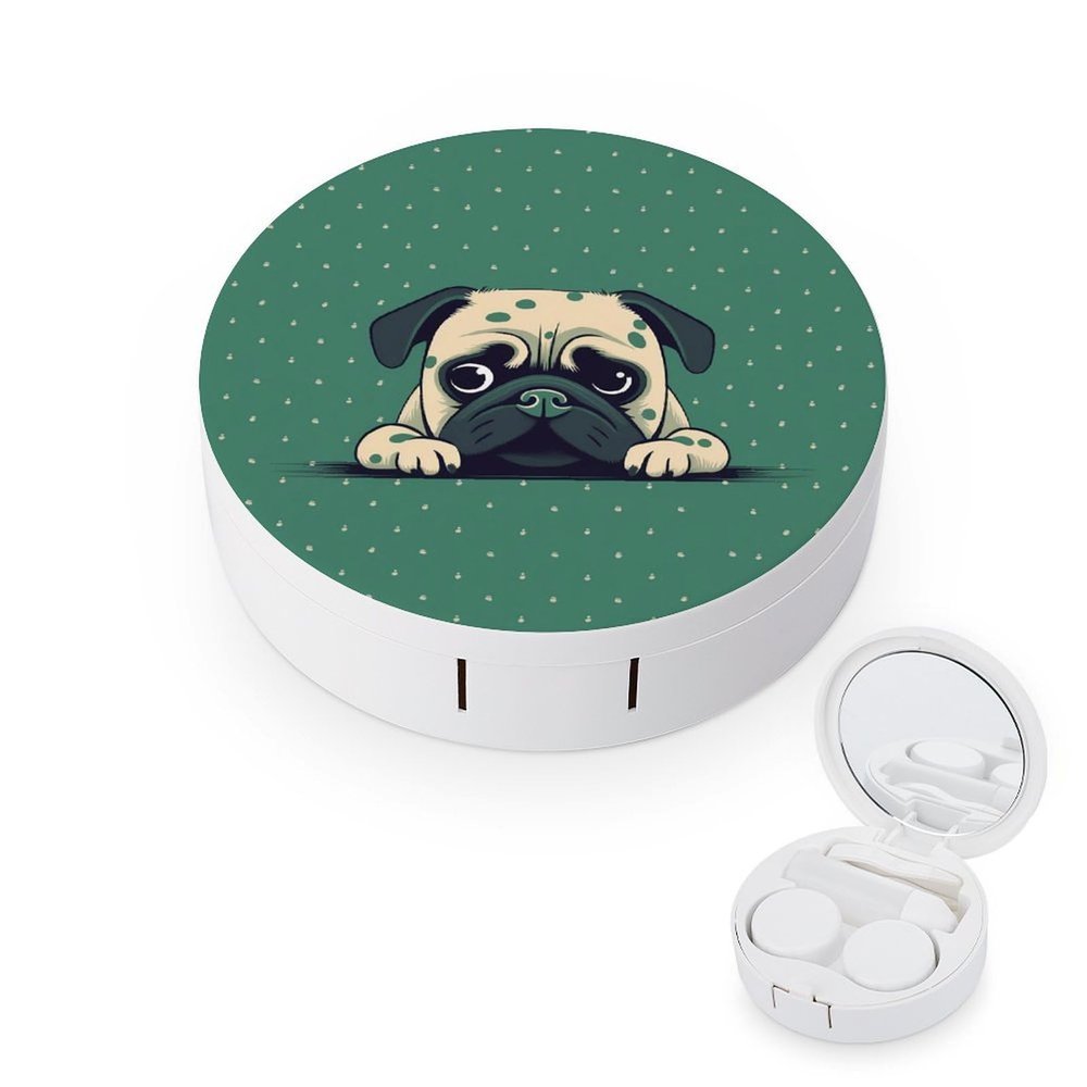 BWQJKUO Portable Round Pug Green Polka Dot Printed Contact Lens Case Is Stylish And Compact, Easy to Carry And Protects Lenses.