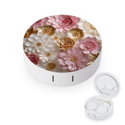 BWQJKUO Portable Round Pink White Gold Flowers Printed Contact Lens Case Is Stylish And Compact, Easy to Carry And Protects Lenses.