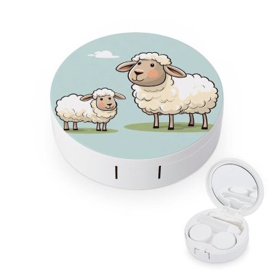 BWQJKUO Portable Round Sheep And Lamb Cartoon Printed Contact Lens Case Is Stylish And Compact, Easy to Carry And Protects Lenses.