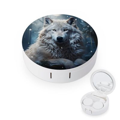 BWQJKUO Portable Round Wolf Sitting in The Snow Printed Contact Lens Case Is Stylish And Compact, Easy to Carry And Protects Lenses.