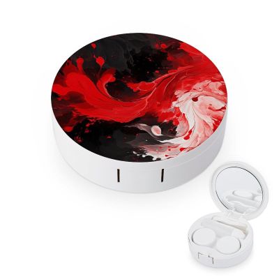 BWQJKUO Portable Round Red Black White Abstract Printed Contact Lens Case Is Stylish And Compact, Easy to Carry And Protects Lenses.