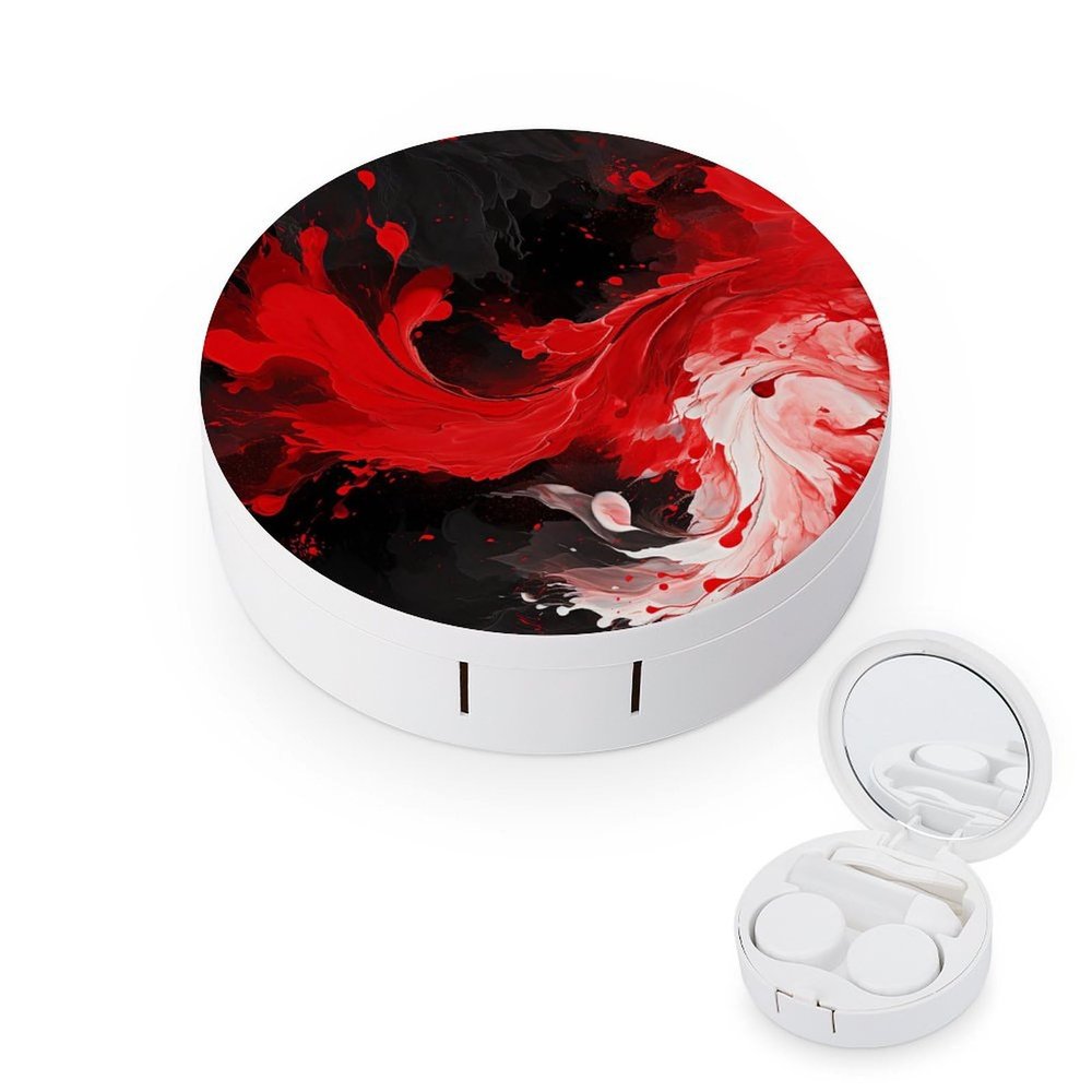 BWQJKUO Portable Round Red Black White Abstract Printed Contact Lens Case Is Stylish And Compact, Easy to Carry And Protects Lenses.