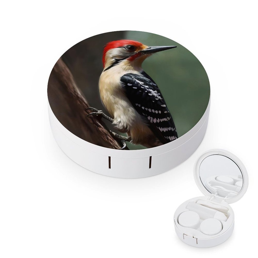 BWQJKUO Portable Round Woodpecker Printed Contact Lens Case Is Stylish And Compact, Easy to Carry And Protects Lenses.