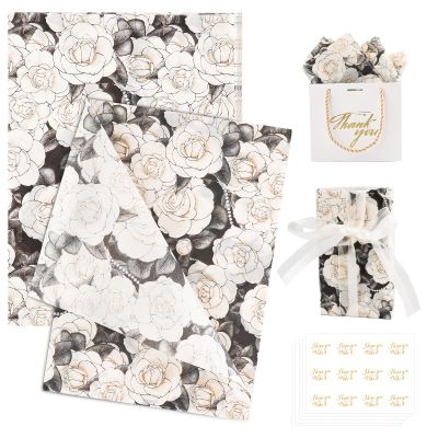 100 Sheets Camellia Flower Tissue Paper Bulk with Stickers,20x14 Inch Floral Gift Wrapping Paper for Gift Bags Mother's Day DIY Arts Crafts Birthday, Wedding, Baby Shower, Bridal Shower and Party Favors