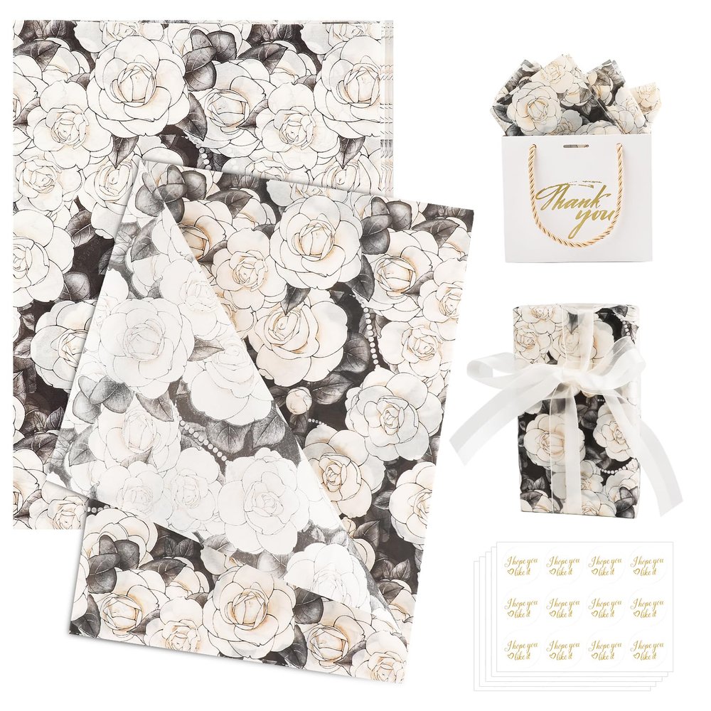 100 Sheets Camellia Flower Tissue Paper Bulk with Stickers,20x14 Inch Floral Gift Wrapping Paper for Gift Bags Mother's Day DIY Arts Crafts Birthday, Wedding, Baby Shower, Bridal Shower and Party Favors