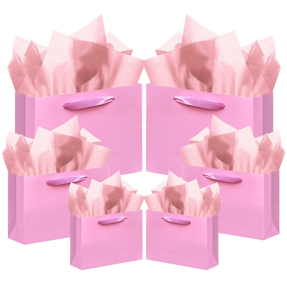 qiqee 10PCS Pink Gift Bags with Ribbon Handles Mulit Assorted Sizes Gift Wide Bags (2pcs Large 13", 4pcs Medium 9.6", 4pcs Small 6.3", Tissue Paper)