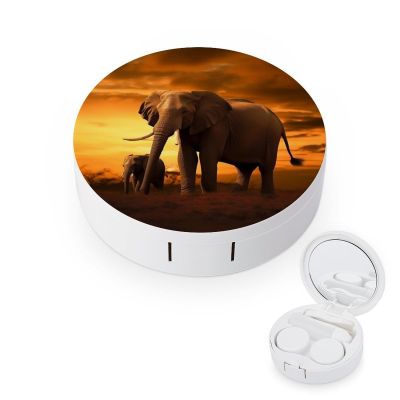 BWQJKUO Portable Round Sunset Parent-Child Elephant Printed Contact Lens Case Is Stylish And Compact, Easy to Carry And Protects Lenses.