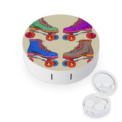 BWQJKUO Portable Round Retro Colorful Roller Skates Printed Contact Lens Case Is Stylish And Compact, Easy to Carry And Protects Lenses.