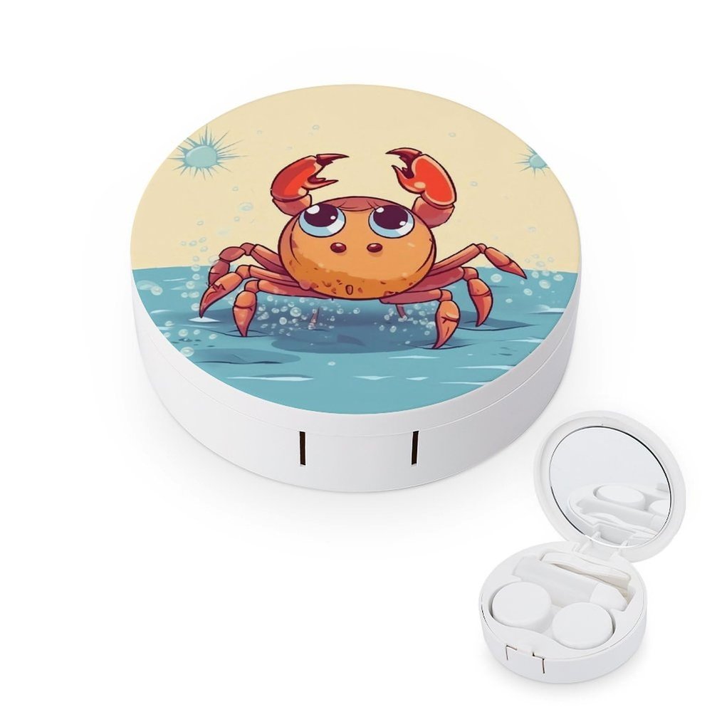 BWQJKUO Portable Round Summer Cartoon Crab Printed Contact Lens Case Is Stylish And Compact, Easy to Carry And Protects Lenses.