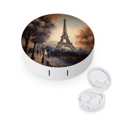 BWQJKUO Portable Round Romantic Paris Eiffel Tower Printed Contact Lens Case Is Stylish And Compact, Easy to Carry And Protects Lenses.